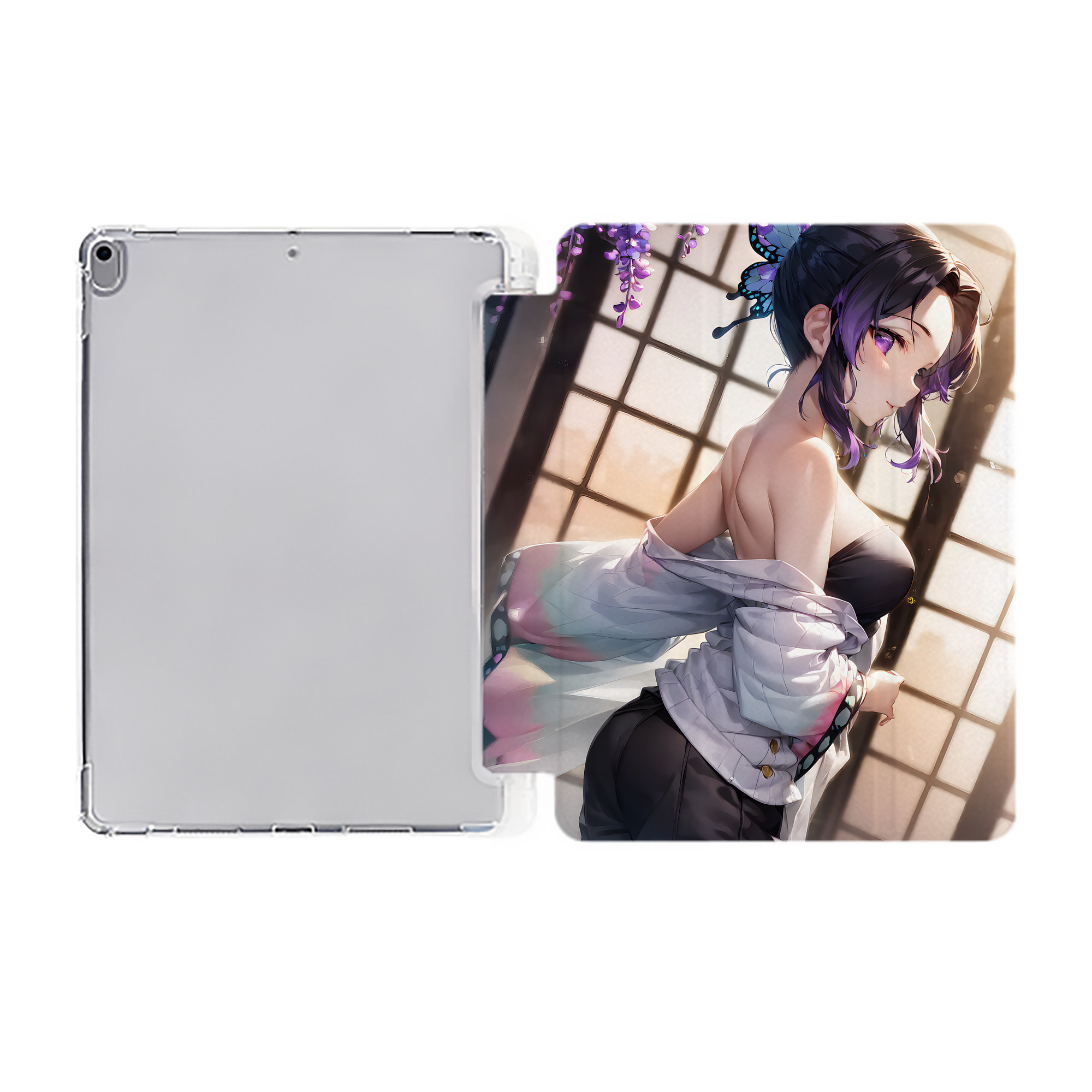 （画像用） 鬼滅の刃（きめつのやいば）蟲柱-胡蝶 しのぶ／こちょう しのぶ Kochou Shinobu IPad ケース ペン収納付き 三つ折りスタンド PUレザー×シリコン 対応機種9.5/10.5/10.9インチ